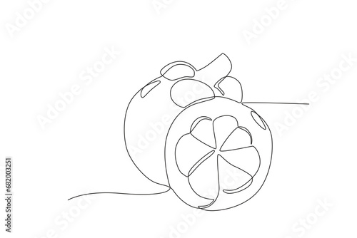 Single one line drawing sliced healthy organic mangosteen. Fresh tropical fruitage concept for fruit garden icon. Modern continuous line graphic draw design vector illustration