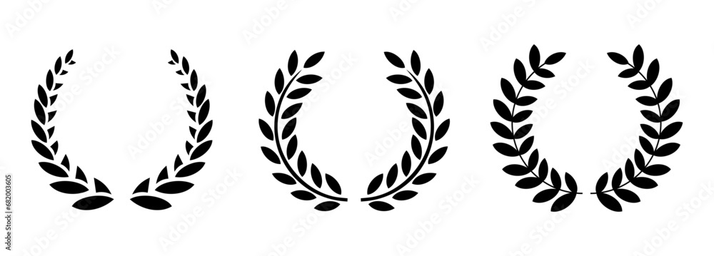 Set black silhouette of round laurel foliage, wheat wreaths depicting award, achievement, heraldry, nobility on a white background. Flat style floral greek branch emblem - stock vector. - obrazy, fototapety, plakaty 
