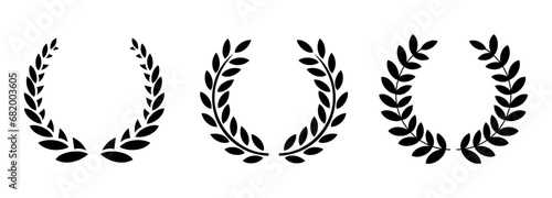 Set black silhouette of round laurel foliage, wheat wreaths depicting award, achievement, heraldry, nobility on a white background. Flat style floral greek branch emblem - stock vector. photo