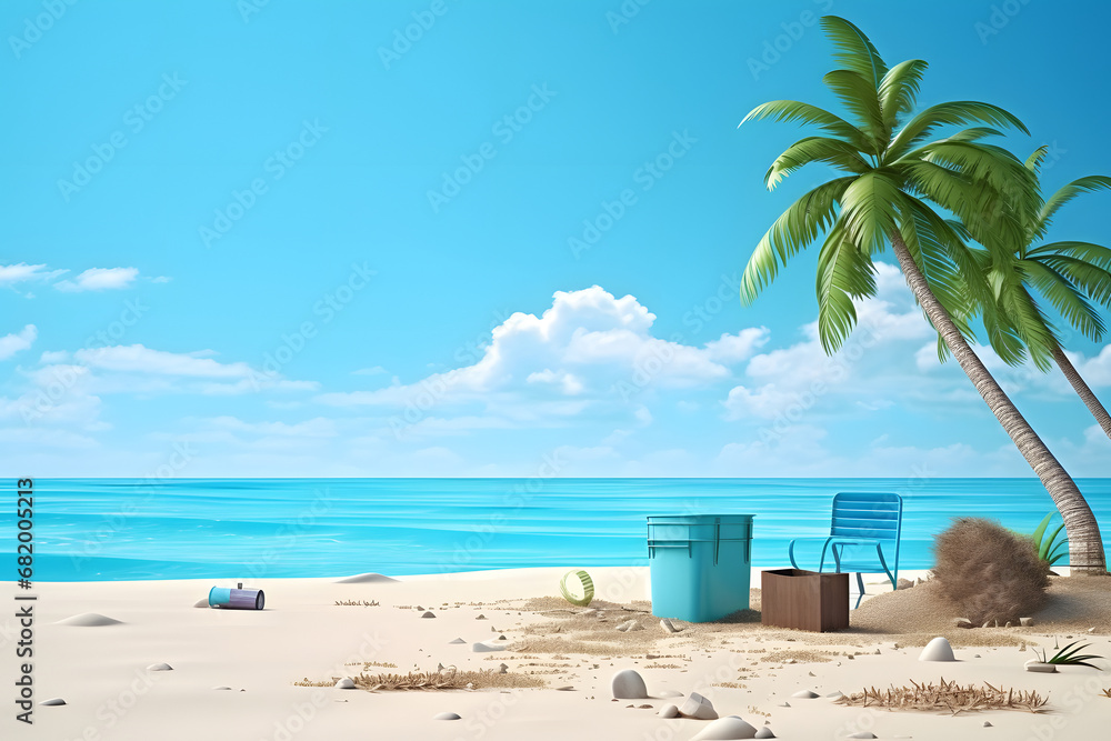 trash on tropical beach view at sunny day with white sand, turquoise water and palm tree, neural network generated photorealistic image