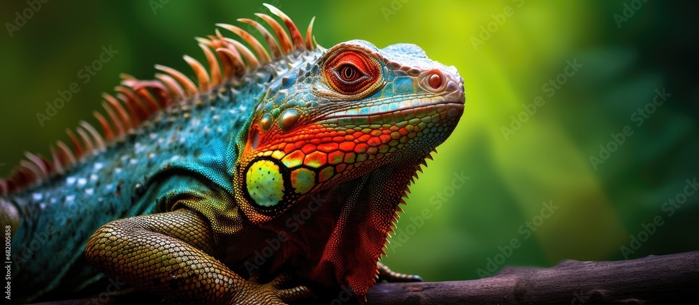 Obraz premium In the lush, green tropical jungle, a colorful dragon iguana stood motionless, its close-up portrait showcasing its vibrant skin and captivating eyes, a wild creature thriving in nature's realm.