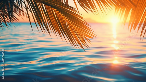 Palm leaves on tropical sunset beach background. Summer and travel concept. Generative ai.