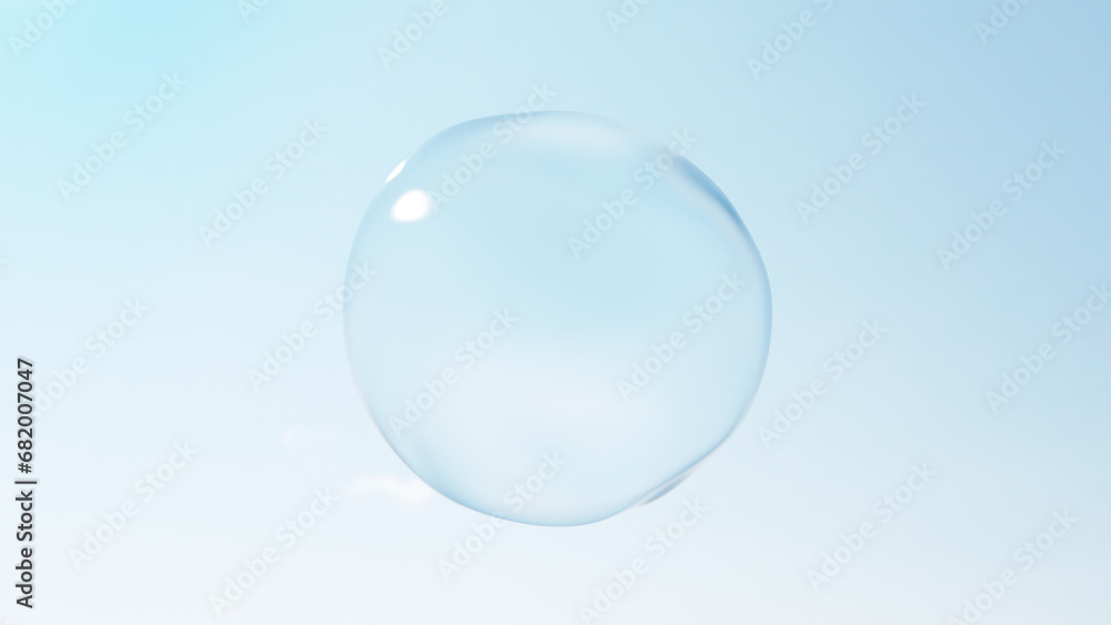 青い空に丸い液体、水。背景素材。3D（横長）