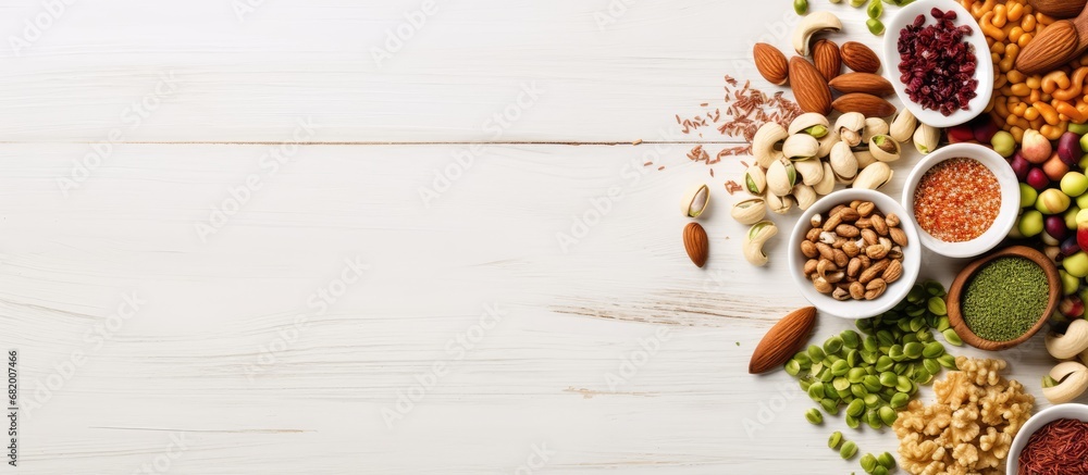In the top view of a food-filled plate, a healthy array of ingredients, including walnuts, almonds, peanuts, raisins, cashews, hazelnuts, and pistachios, are scattered amidst a variety of seeds and - obrazy, fototapety, plakaty 