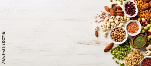 In the top view of a food-filled plate, a healthy array of ingredients, including walnuts, almonds, peanuts, raisins, cashews, hazelnuts, and pistachios, are scattered amidst a variety of seeds and photo