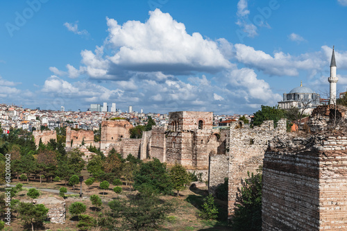 Photography Panorama of the fortress walls of Constantinople and the modern city of Istanbul on a sunny day