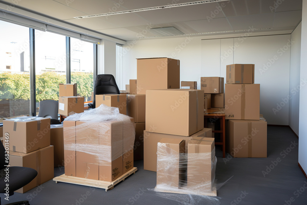 A Office Room Filled with Cardboard Moving Boxes. Generative Ai A Office Room Filled with Cardboard Moving Boxes. Generative Ai