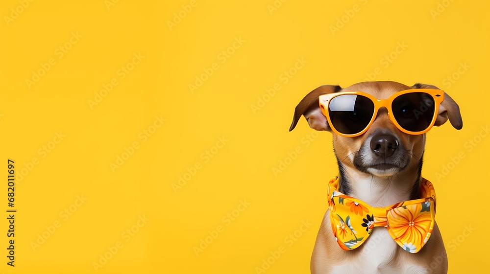 Closeup portrait of smiling dog in fashion sunglasses. Funny pet on a bright yellow background with copy space. Puppy in eyeglasses. Fashion, style, cool animal summer concept. Closeup portrait of smiling dog in fashion sunglasses. Funny pet on a bright yellow background with copy space. Puppy in eyeglasses. Fashion, style, cool animal summer concept.