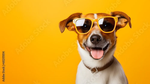 Closeup portrait of smiling dog in fashion sunglasses. Funny pet on a bright yellow background with copy space. Puppy in eyeglasses. Fashion, style, cool animal summer concept. © ImaginaryInspiration