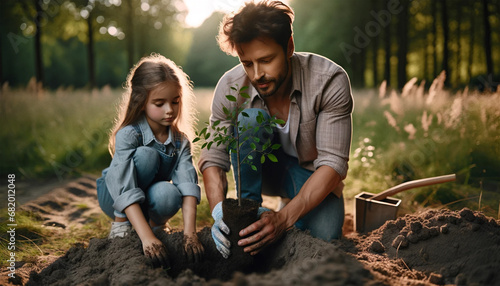 Portrait of a father and daughter planting a small tree together in a serene forest to honor the memory of a loved one. 