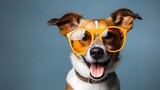 Closeup portrait of smiling dog in fashion sunglasses. Funny pet on a bright blue background with copy space. Puppy in eyeglasses. Fashion, style, cool animal summer concept.