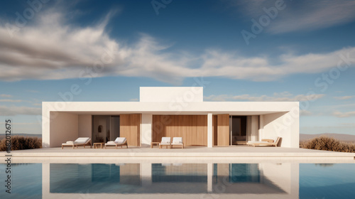 3d rendering of modern cozy house with pool and parking for sale or rent in luxurious style. Clear sunny day with blue sky. © Kosal