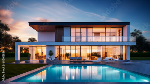 3d rendering of modern cozy house with pool and parking for sale or rent in luxurious style by the sea or ocean at sunset. Clear summer evening with blue sky. © Kosal