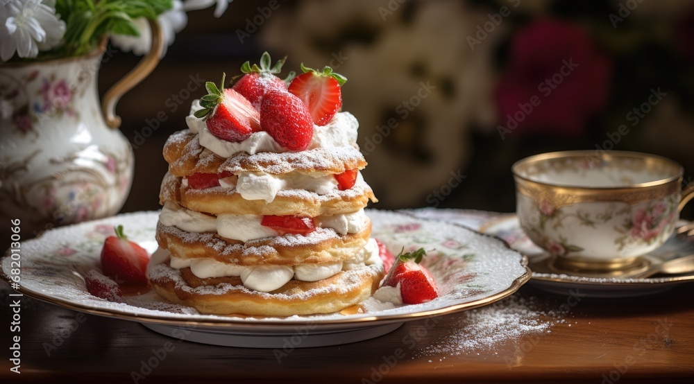 Portions of pancakes with whipped cream and strawberries. Generative AI Portions of pancakes with whipped cream and strawberries. Generative AI