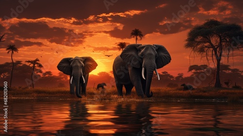 Family of elephants walking through the savana at sunset. Amazing African wildlife. Generative AI