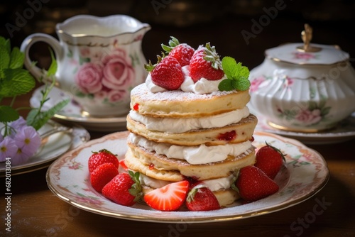 Portions of pancakes with whipped cream and strawberries. Generative AI