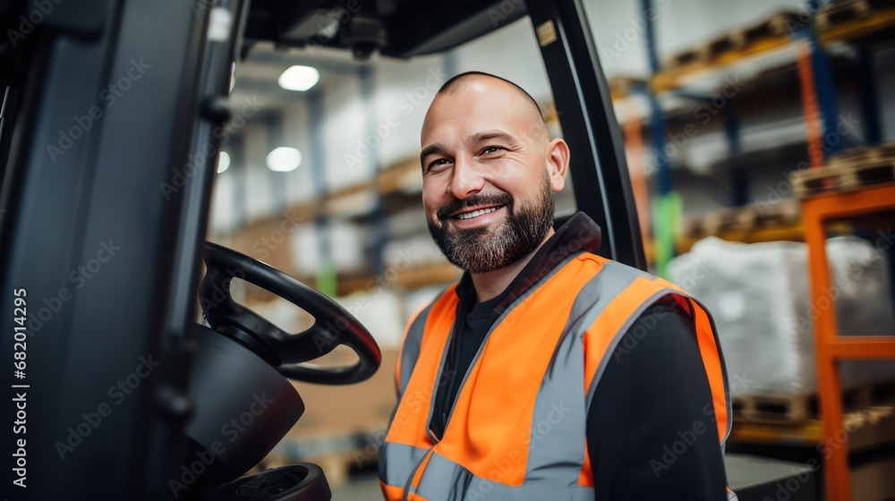 A Portrait of a professional industrial worker driving a forklift, a team of quality control staff storing goods, shelving, Warehouse Workshop for factory workers, quality control engineers. A Portrait of a professional industrial worker driving a forklift, a team of quality control staff storing goods, shelving, Warehouse Workshop for factory workers, quality control engineers.