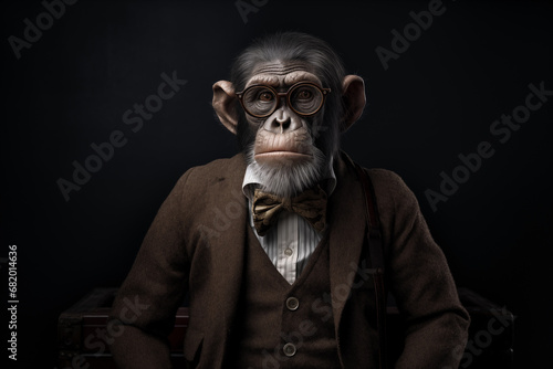 older monkey wearing brown professor suit and bowtie isolated on plain black studio background 