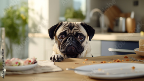 Funny pug dog with paws on kitchen counter. © lelechka