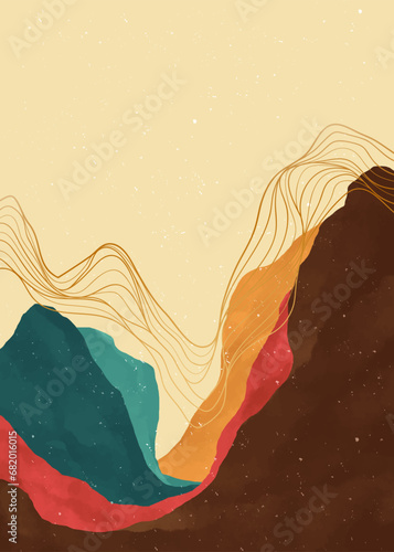 Mountain landscape watercolor painting illustration with line art pattern. Abstract contemporary aesthetic backgrounds landscapes. mountains, hills and skyline