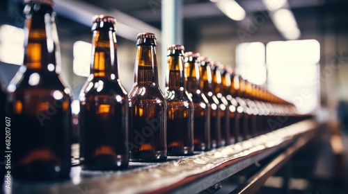 A Brown and green beer bottles on a white blurred background of a production line with copy space on a white background.