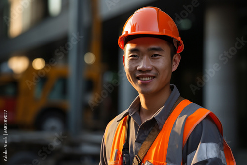 The portrait of an Asian male construction worker in a company uniform, orange safety vest and helmet, smiling and standing in front of construction site background. Generative AI.