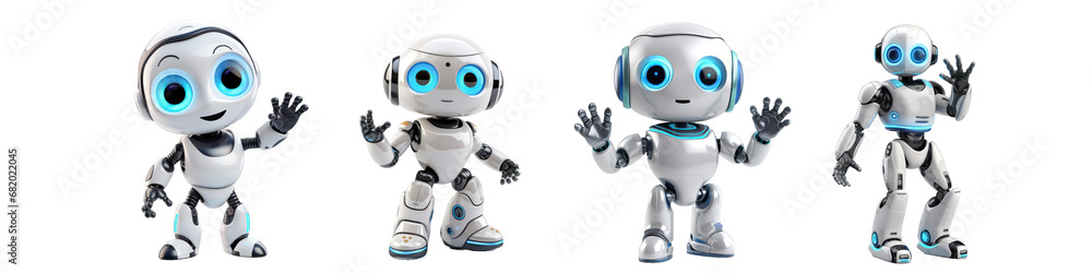 Friendly Cartoon Robots Waving Hello on Transparent Background Friendly Cartoon Robots Waving Hello on Transparent Background
