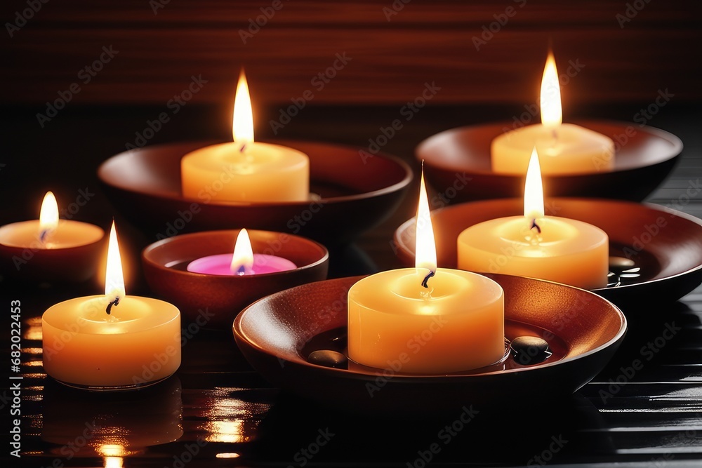 Burning candles on dark background, close-up Burning candles on dark background, close-up