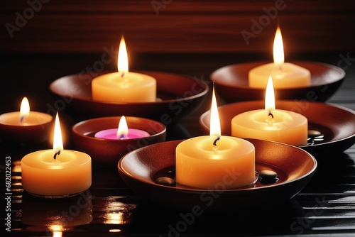 Burning candles on dark background, close-up