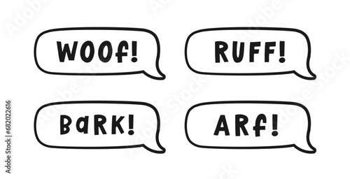 Dog bark animal sound effect text in a speech bubble sound balloon outline doodle clipart set. Cute cartoon onomatopoeia comics and lettering.