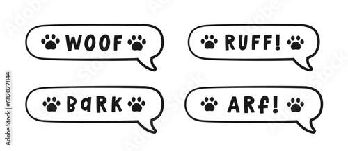 Dog bark animal sound effect text in a speech bubble sound balloon outline doodle clipart set. Cute cartoon onomatopoeia comics and lettering.