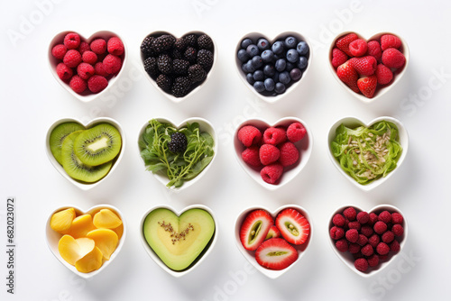 Healthy food in heart shaped dishes on white background, top view