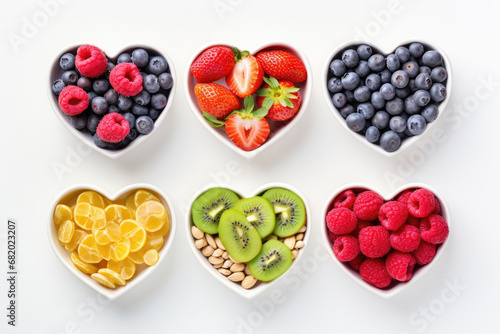 Healthy food in heart shaped dishes on white background, top view