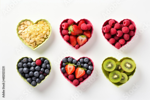 Healthy food in heart shaped dishes on white background, top view