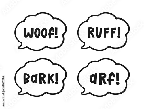 Dog bark animal sound effect text in a speech bubble sound balloon outline doodle clipart set. Cute cartoon onomatopoeia comics and lettering.