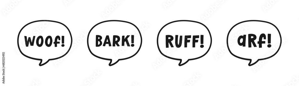 Dog bark animal sound effect text in a speech bubble sound balloon outline doodle clipart set. Cute cartoon onomatopoeia comics and lettering. - obrazy, fototapety, plakaty 