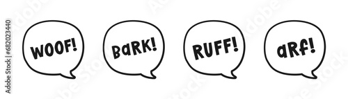 Dog bark animal sound effect text in a speech bubble sound balloon outline doodle clipart set. Cute cartoon onomatopoeia comics and lettering.