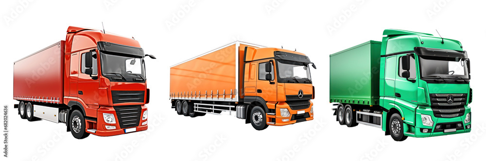 Variety of Cargo Trucks in Red, Orange, and Green on Transparent Background