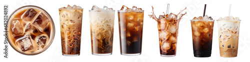 Collection of Iced Coffee Drinks in Various Cups on Transparent Background