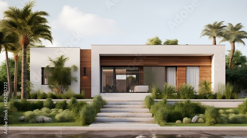 a minimalist villa with a concrete exterior and a serene garden. generative AI © yj