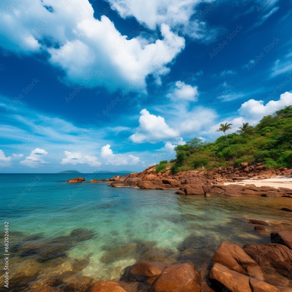 An exotic coastline with azure skies beautiful image Ai generated art