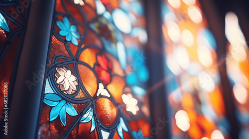 Colorful stained glass windows of the church. Religious background photo