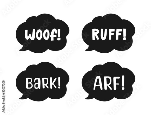 Dog bark animal sound effect text in a speech bubble balloon silhouette clipart set. Cute cartoon onomatopoeia comics and lettering.