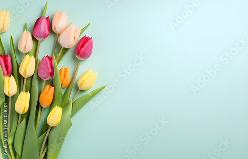 colorful tulip flowers bouquet on light graan background for greeting card decor #682028201