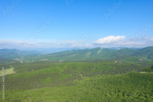 Mangup-Kale cave city  sunny day. Mountain view from the ancient cave town of Mangup-Kale in the Republic of Crimea  Russia. Bakhchisarai.