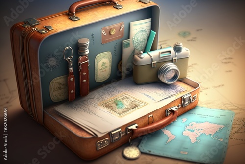 w passport opened suitcase Old concept turism Travel photo