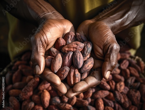 Fresh Harvested Cocoa Beans Cradled in Farmer's Hands