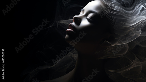 weibliches Beauty Model in sinnlicher Pose mit Nebel/ Rauch und Lichteffekten. Low Key Portrait bei dramatischem Licht. Querformat 16:9 Format. Generative Ai. photo