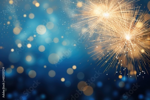 Blue and gold Abstract background with fireworks and bokeh on New Year's Eve graphic resources photo