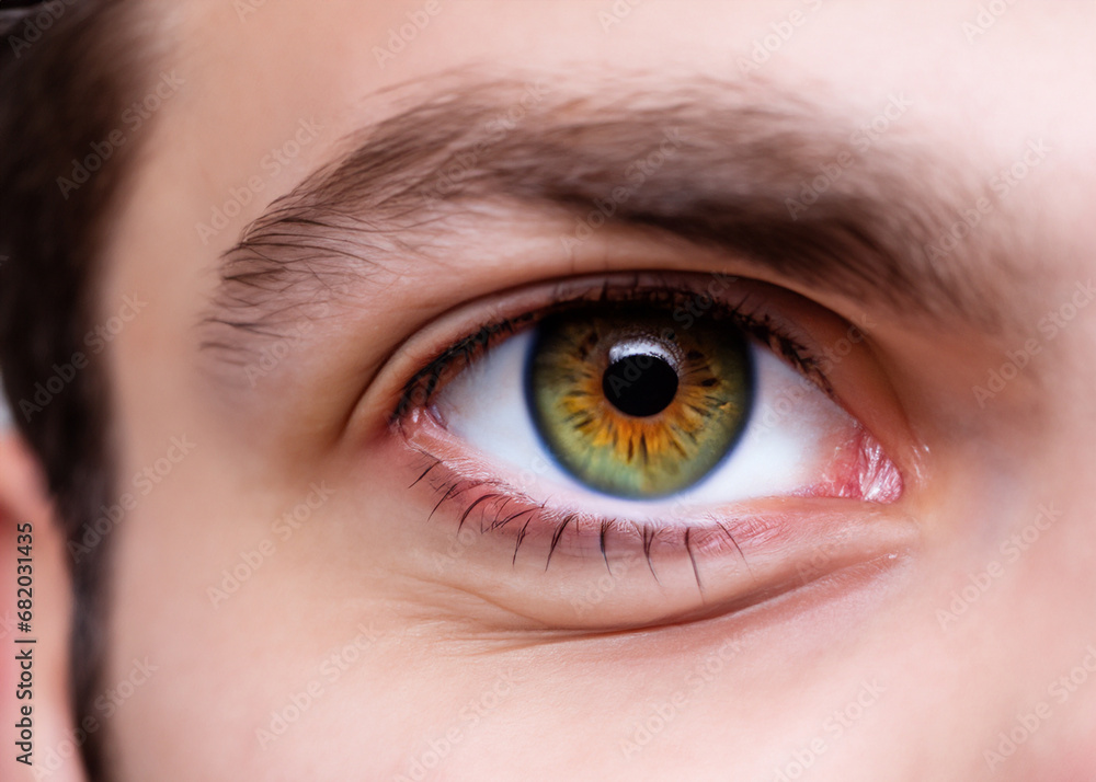 Obraz premium 未来を見通すビジネスのイメージフォト 白人男性の目、虹彩、瞳のマクロ撮影 クローズアップAI生成画像